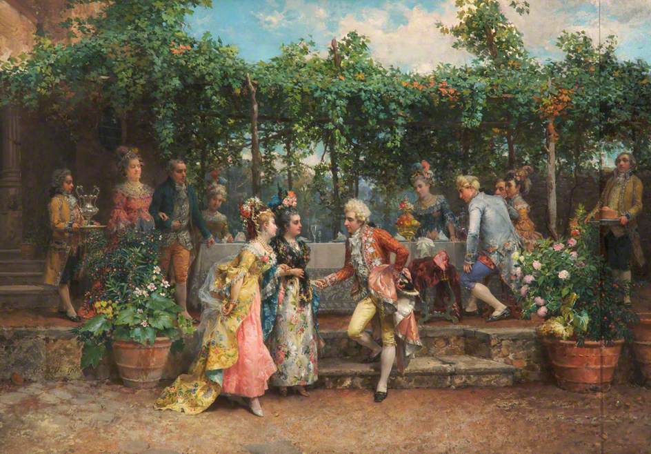 paintig of colorful 1876 garden party scene with men and women dressed in period clothing